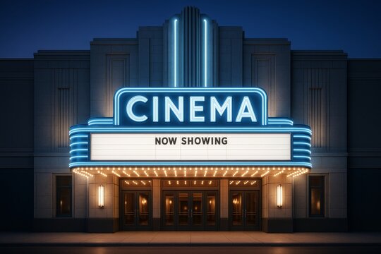 Retro cinema building facade with glowing neon lights and marquee sign that reads "Now Showing" at night, evoking nostalgic movie culture. Ai generative