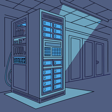 Vector art of a secure server room with advanced equipment and monitoring systems, ensuring the safety and integrity of critical data and applications in a controlled environment