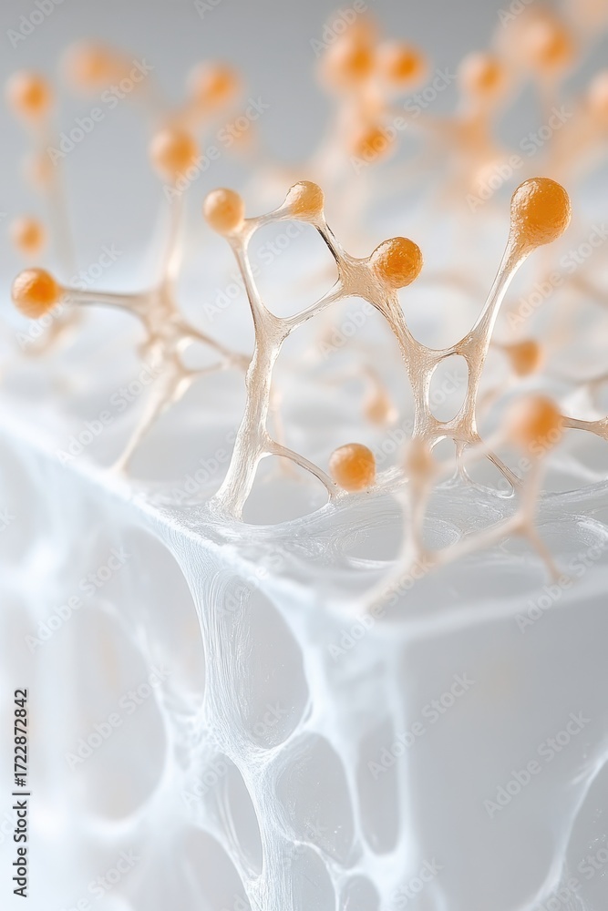 Poster abstract microscopic network with glowing nodes growing from a cellular structure representing futur