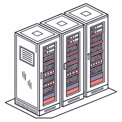Vector art of isometric illustration of three server racks depicts data center infrastructure, network hardware, and information technology equipment in a clean, modern style
