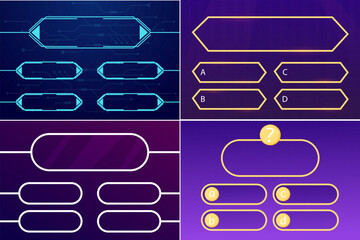 Quiz question set interface game menu, show answer trivia template background. Collection Multiple choice frame, button. Bar ui challenge. 