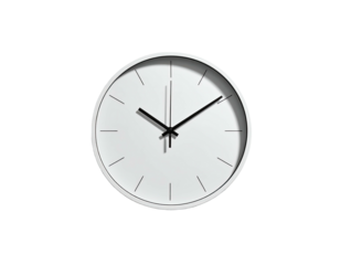Minimalist white clock with black hands and thin markers on a plain background showing the time of approximately 755