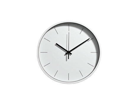 Minimalist white clock with black hands and thin markers on a plain background showing the time of approximately 755