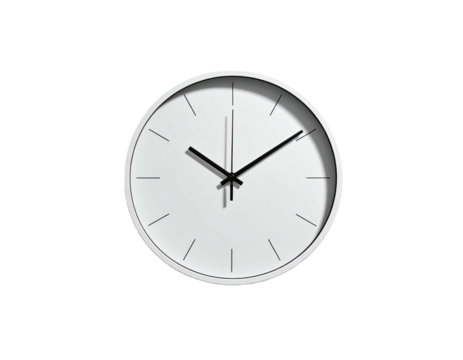 Minimalist white clock with black hands and thin markers on a plain background showing the time of approximately 755