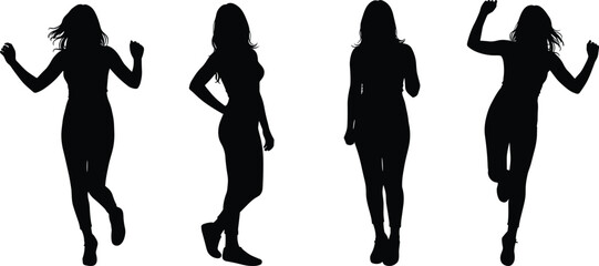 Silhouettes of women in casual standing and dancing poses, black figure outlines, stylish female poses on white background illustration