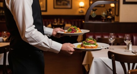 A waiter in a white shirt and black vest carries two plates of gourmet food on a tray in a dimly lit, elegant restaurant setting.