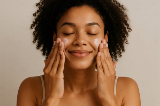 Happy mixed race model applying moisturizing face cream for skincare routine, beauty treatment and wellness