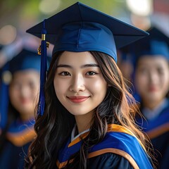 Smiling young woman in graduation regalia, surrounded by other grads, with soft sunlight and shallow focus. Graduation. Achievement