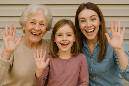 Grandmother, mother, and daughter waving and smiling, representing family bonds and happiness across generations