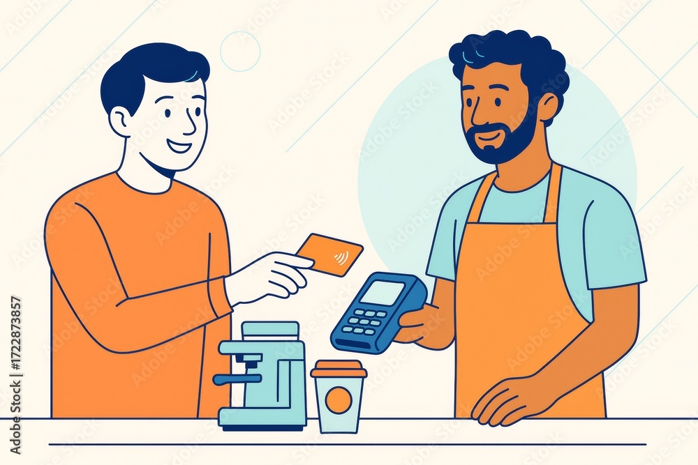 Poster customer using contactless card to make payment at coffee shop counter with barista smiling in moder