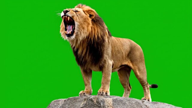 Full-body shot of a majestic lion standing on a rock on a green screen. The powerful king of the jungle roars loudly and then stands watch, with its beautiful mane and a proud expression. Perfect for 
