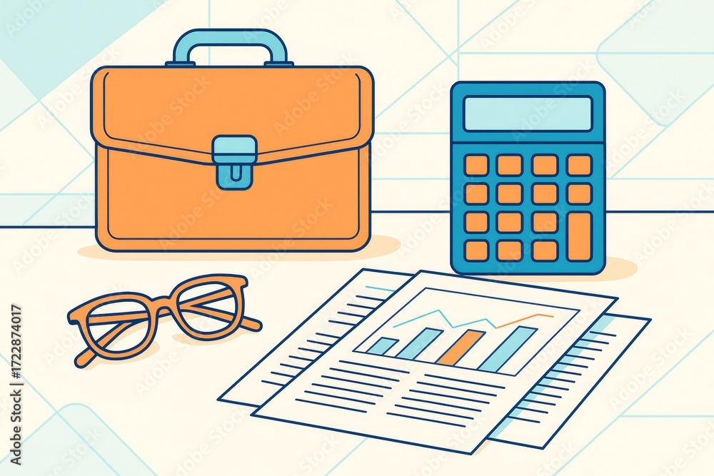 Poster office workspace items including briefcase, calculator, eyeglasses, and reports with charts on a lig