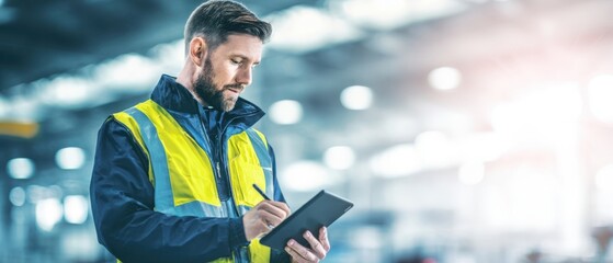 The focused worker in a safety vest using a tablet for management tasks.