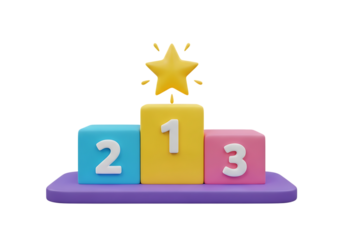 Illustration of a 3d rendering of a winners podium with numbers 1, 2, and 3, and a shining star on top, isolated on white on transparent background