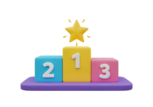 Illustration of a 3d rendering of a winners podium with numbers 1, 2, and 3, and a shining star on top, isolated on white on transparent background