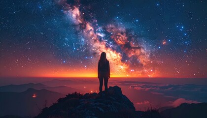 Solitary figure surveys a cosmic vista from a mountain peak at sunset, a galaxy ablaze with vibrant colors looming overhead