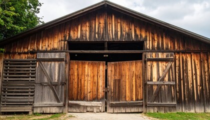 Aged wooden barn facade with large double doors