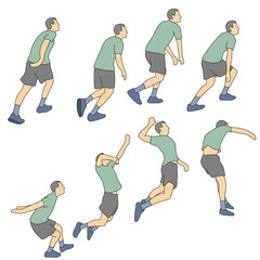 step motion of man spiking a volleyball illustration vector hand drawn with black lines isolated on white background.