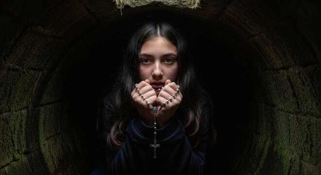 A young woman with dark hair holds a rosary, her hands clasped in prayer within a dark, circular, stone structure, her gaze directed forward with a solemn expression.