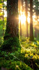 Sunlight streams through forest trees, illuminating mossy base of a tree trunk