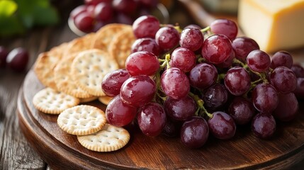 Appetizing red grapes with crackers and cheese on a wooden serving board