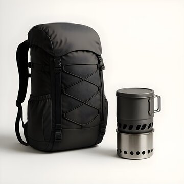 Sleek Black Hiking Backpack with Portable Camping Stove  Minimal Product Shot