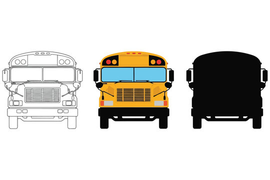 Vector art of school bus in different styles front view of a classic yellow school bus in outline, color, and silhouette vector illustration of transportation