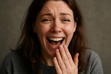 Fototapeta premium Close up of a woman with long brown hair, wearing a gray sweater, laughing heartily with her hand covering her mouth, expressing genuine amusement and surprise