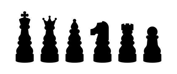 Chess pieces silhouette set. Black chess figures including king, queen, bishop, knight, rook, and pawn. Strategy and board game. Strategy, tactics, plan and intelligence concept. Vector illustration.