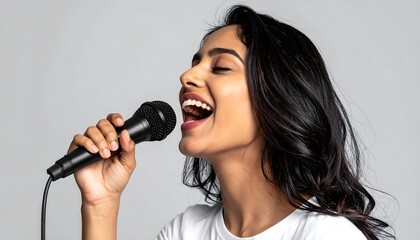 Woman singing into microphone