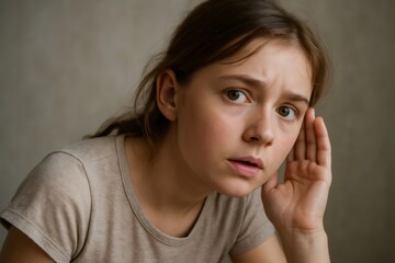 Fototapeta premium Curious young girl pressing her hand against her ear, trying to catch a faint sound while displaying a worried expression