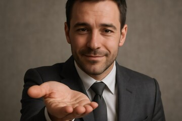 Businessman extending an open hand, offering an invisible product against a neutral gray background, conveying confidence and professionalism