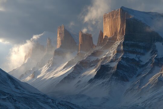 Dramatic mountain peaks, snow-capped and bathed in golden light