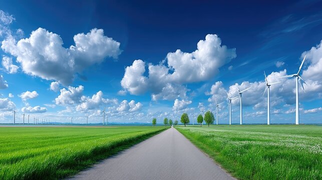 Wind Turbines in Green Field with Blue Sky and White Clouds Clean Energy Production Renewable Power Generation and Sustainable Technology Landscape