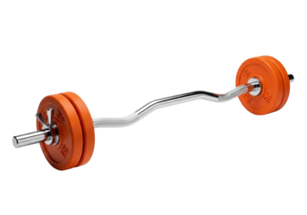 Curved, reflective chrome EZ curl bar, orange rubber octagonal plates, silver collars, white background, crisp shadow, Concept of modern strength and design.