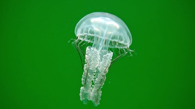 Floating animated jellyfish with translucent bodies and glowing tentacles, gracefully moving on a green screen for easy chroma key compositing in a wide range of creative and educational projects.

