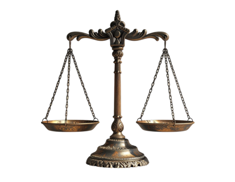 Ornate bronze scales of justice, meticulously detailed, stand against a black backdrop, signifying balance and impartiality