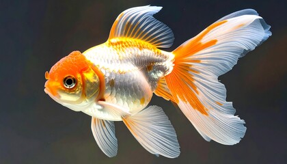 A detailed macro view of a beautiful goldfish, showing its vibrant orange and white scales, and elegant fins. The background is blurred