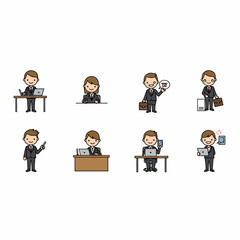 Cartoon Business People Diverse Poses and Activities in Formal Attire.