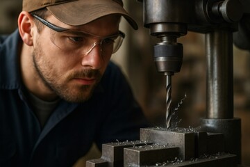 Skilled machinist operating a drill press, focusing on precision and safety in a workshop environment
