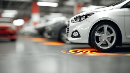 Modern vehicle with illuminated sensor rings in a parking facility, highlighting advanced automotive technology