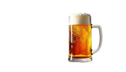 A frosty beer mug, filled to the brim with golden, bubbly beer, set against a black background