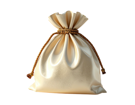 A creamy, silken drawstring bag tied with thick, golden rope, sits against a black background.  The bag's fabric is smooth and softly gathered at the top