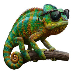 Obraz premium Cool chameleon wearing sunglasses on branch, ideal for fun vibrant designs and concepts