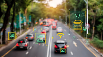 Autonomous vehicles on a city road with digital overlays showing connectivity and sensor data