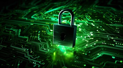 デジタル回路と錠前、緑のネットワークセキュリティイメージ