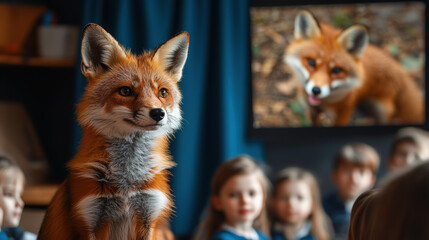 Naklejka premium A curious fox watches a screen with children, creating a whimsical and engaging scene.