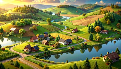 Naklejka premium Picturesque countryside landscape with rolling hills, a winding river, and charming houses.