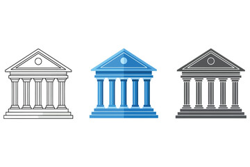 Obraz premium Vector art of three variations of a bank building icon, showcasing a classic architectural design with columns and a triangular pediment in different styles