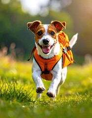 A joyful small dog with brown and white fur, wearing an orange backpack, runs through a sunny grassy field